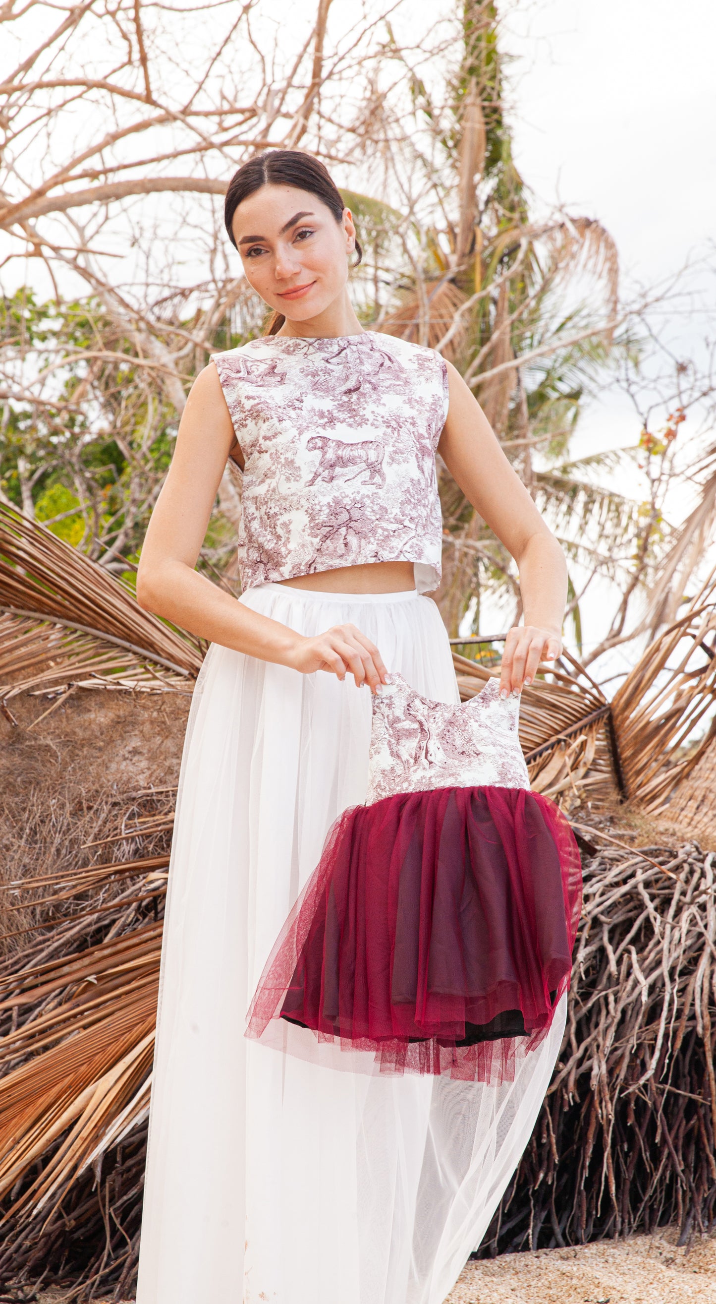 Emma Tulle Midi Dress - Maroon Lion w/ Maroon Tulle Skirt
