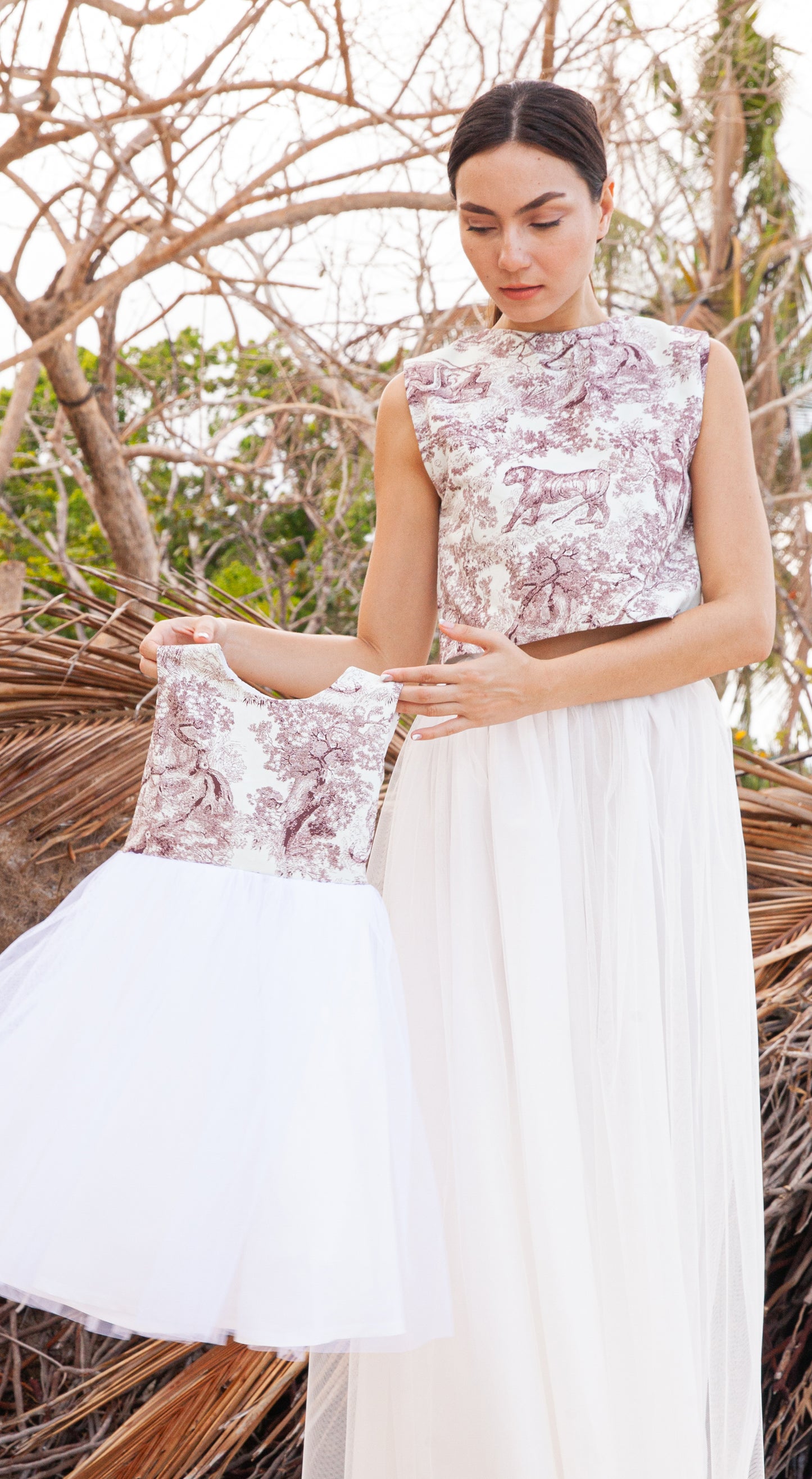 Emma Tulle Midi Dress - Printed Maroon Lion