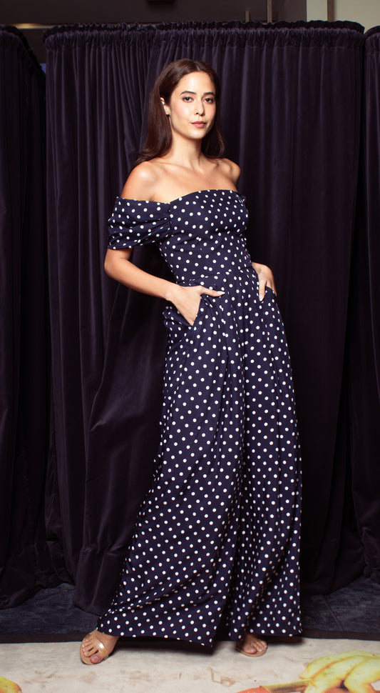 Pleated Sleeve Off Shoulder Wide Hem Jumpsuit - Blue-Based Polka Dot (7”-sleeve length)