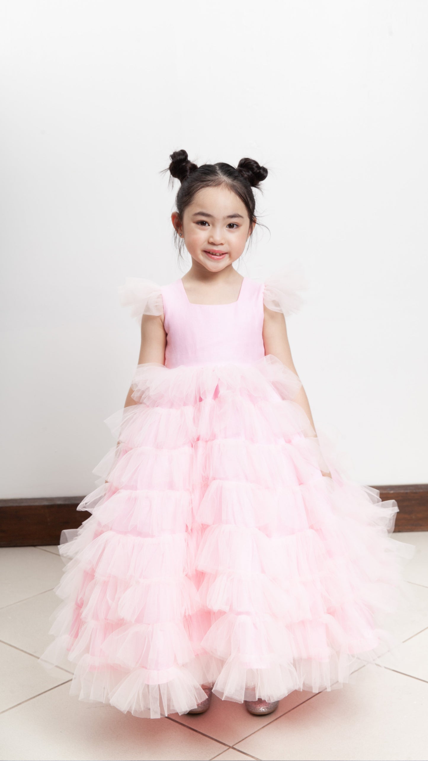 Short Sleeve Tiered Maxi Dress with Petticoat - Baby Pink Linen
