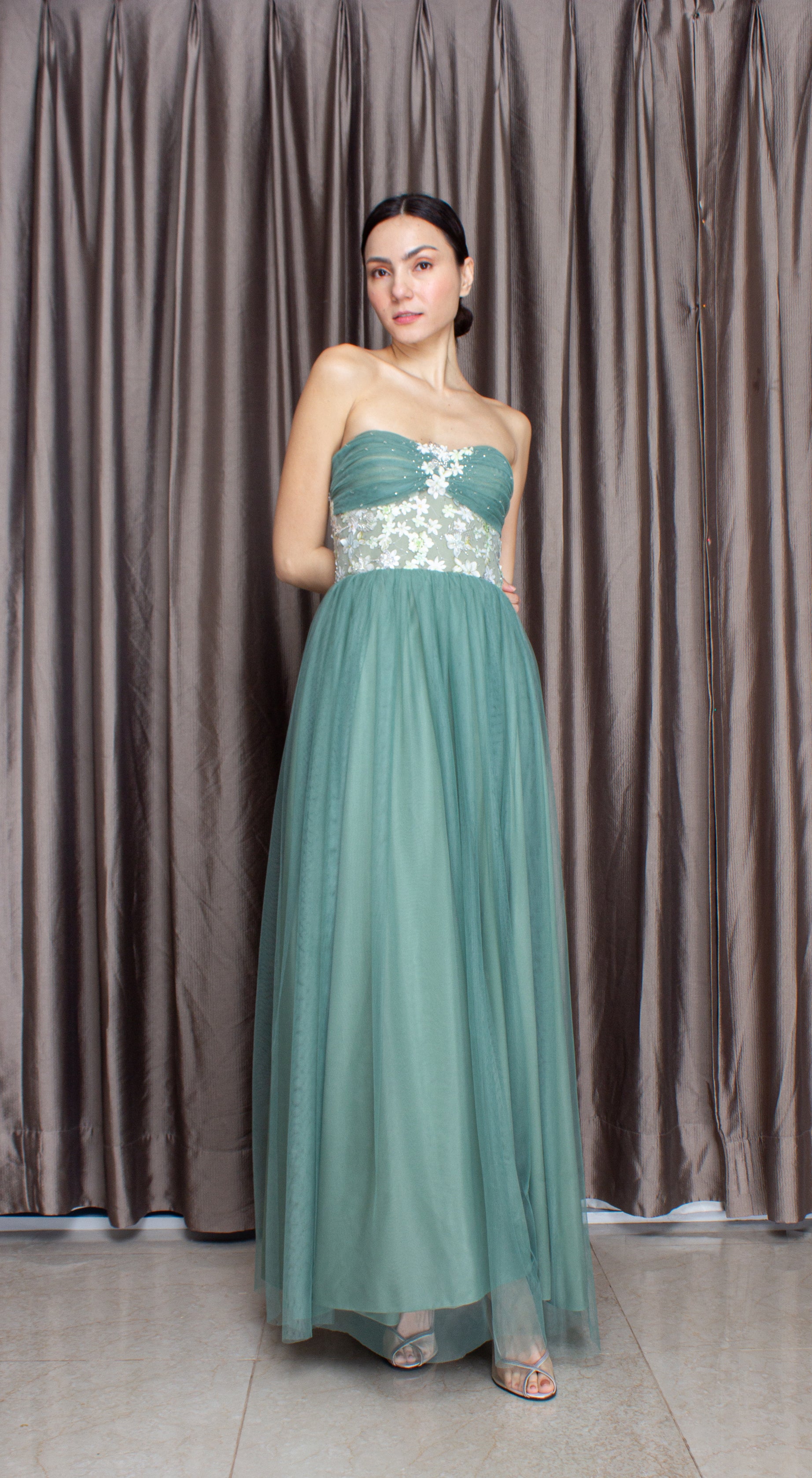 Sage Lace with Beads Corset Tulle Gown Una Ricci Sage Lace with Beads Corset Tulle Gown Una Ricci
