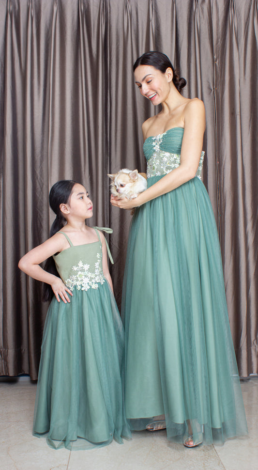 Sage Lace with Beads and 1-Ribbon Strap Tulle Dress