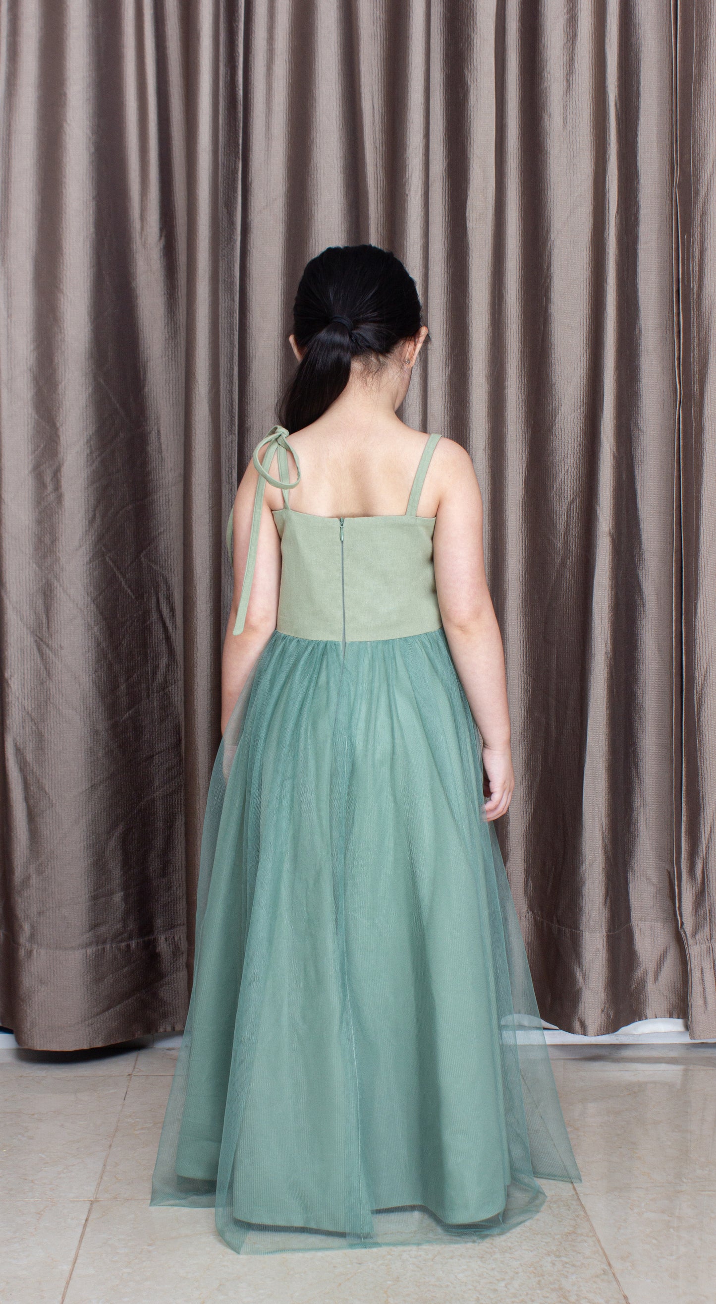 Sage Lace with Beads and 1-Ribbon Strap Tulle Dress
