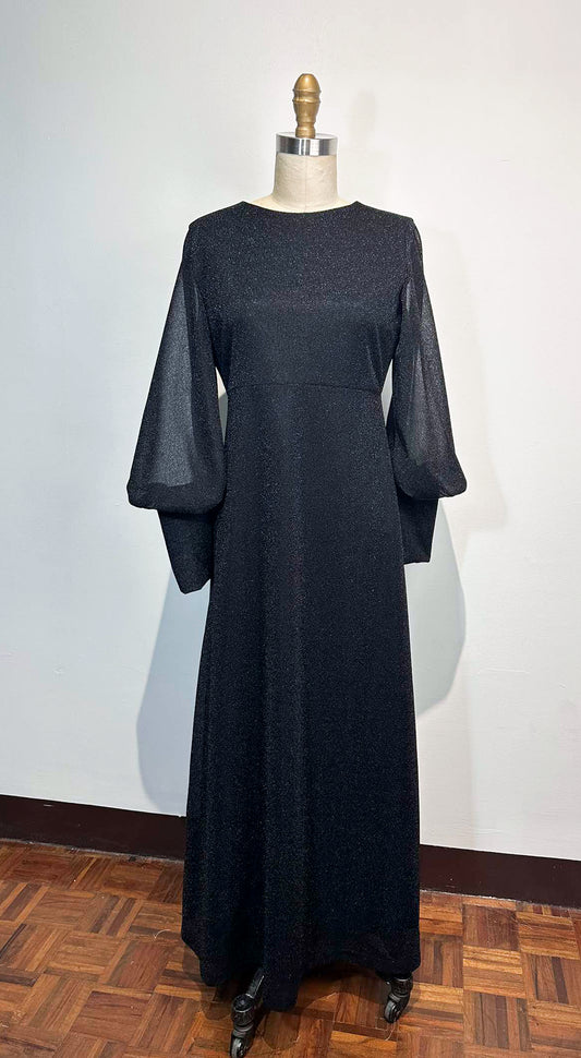 A-Line Skirt Dress Bell Sleeves with OS Cuffs in Black Shimmery Fabric