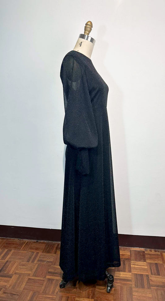 A-Line Skirt Dress Bell Sleeves with OS Cuffs in Black Shimmery Fabric