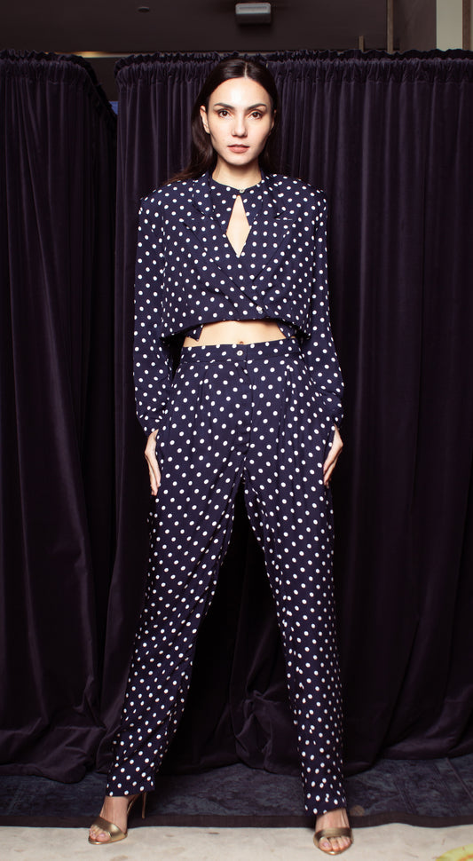 Front Pleated Tapered Pants - Blue-Based Polka Dot