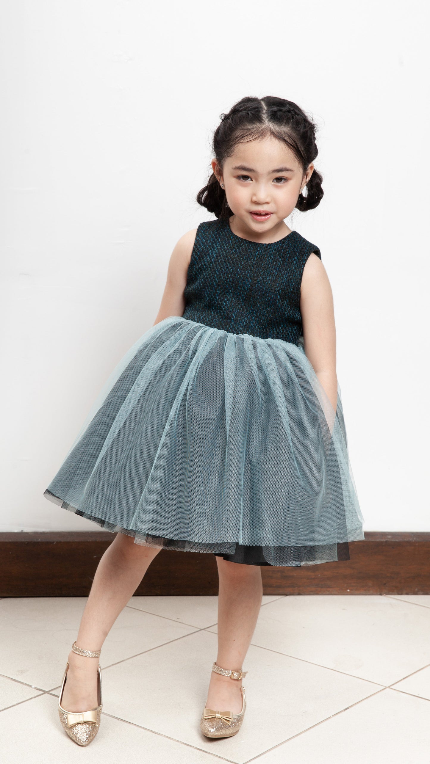 Sleeveless Midi Tulle Dress - Teal Tweed