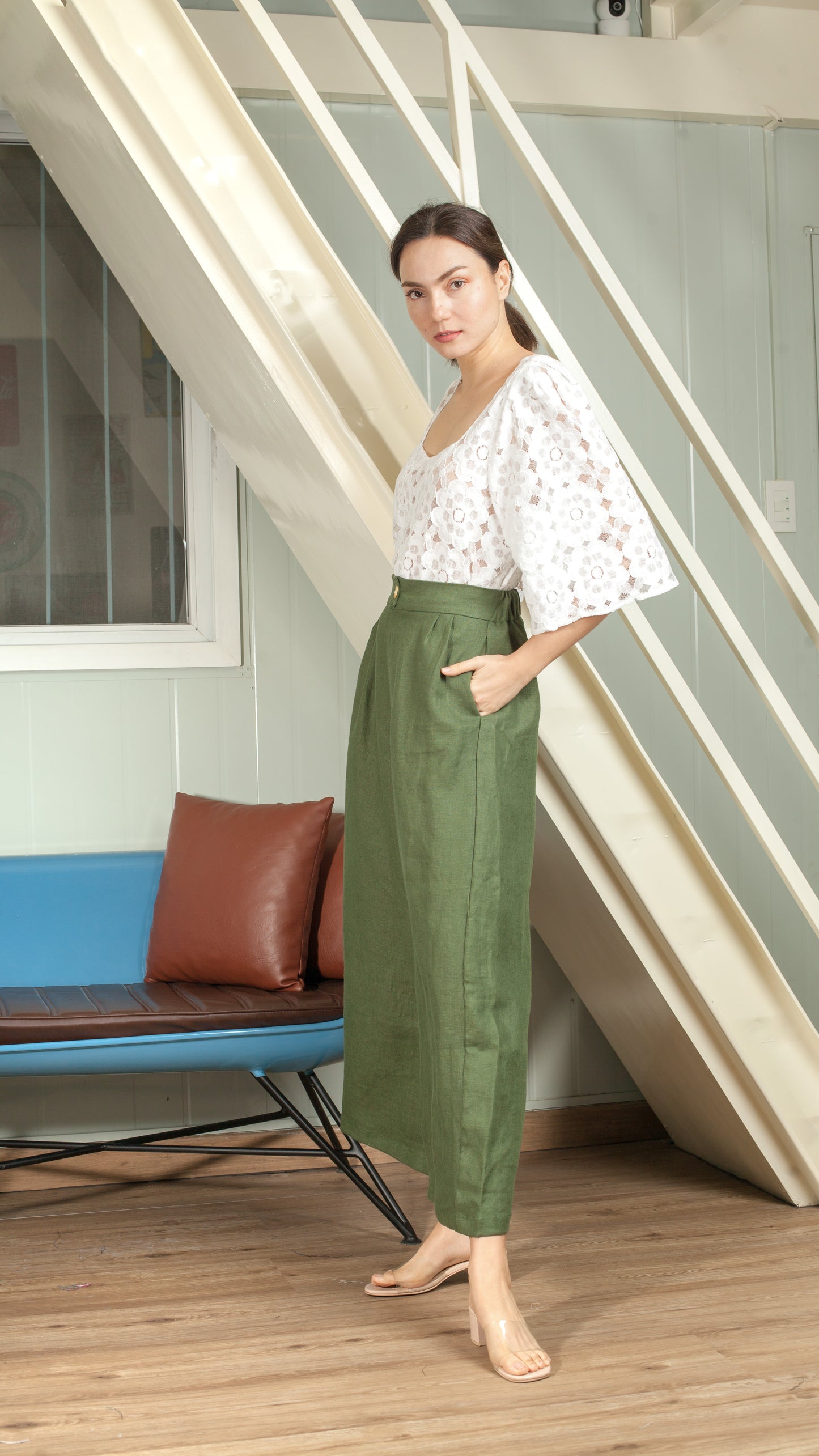 Single Button Flat Front Waistband Back Elastic Wide Hem Pants — Army Green