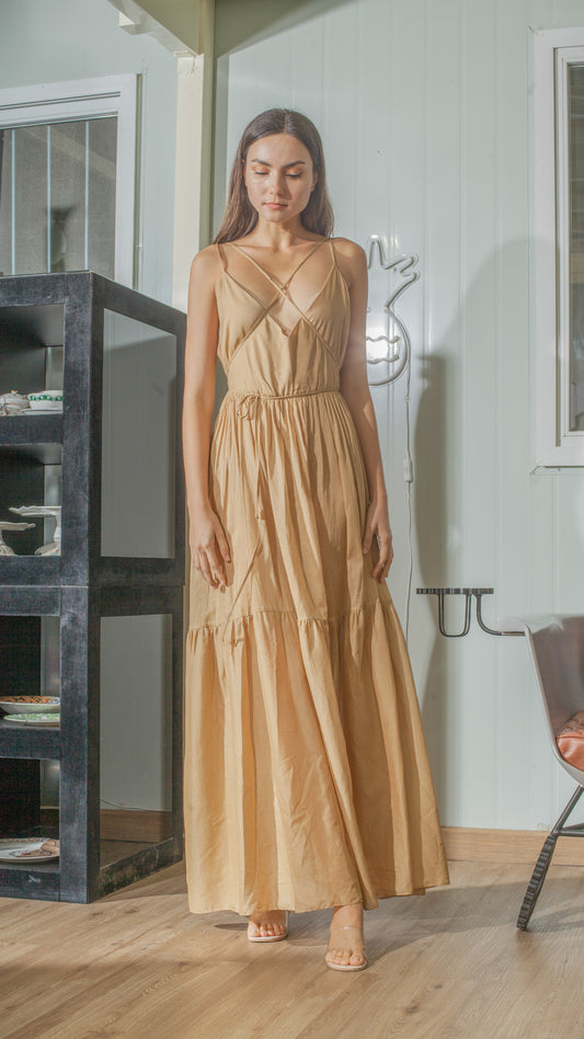 Double Strap V-Neckline Long Dress in Nude Lightweight Cotton Weave