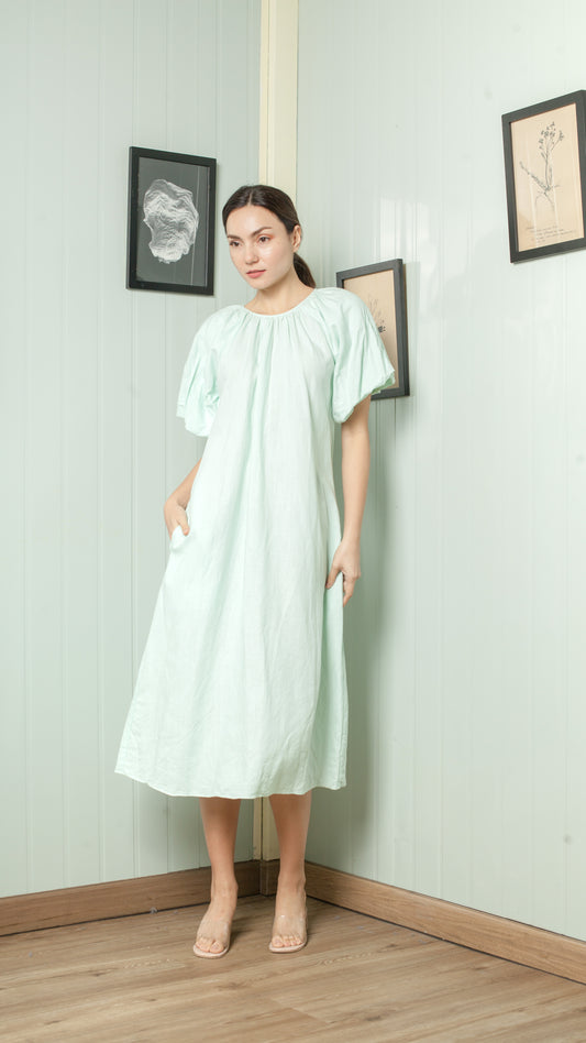 Shirred Neckline Detail Short Mushroom Sleeve Midi Dress — Mint