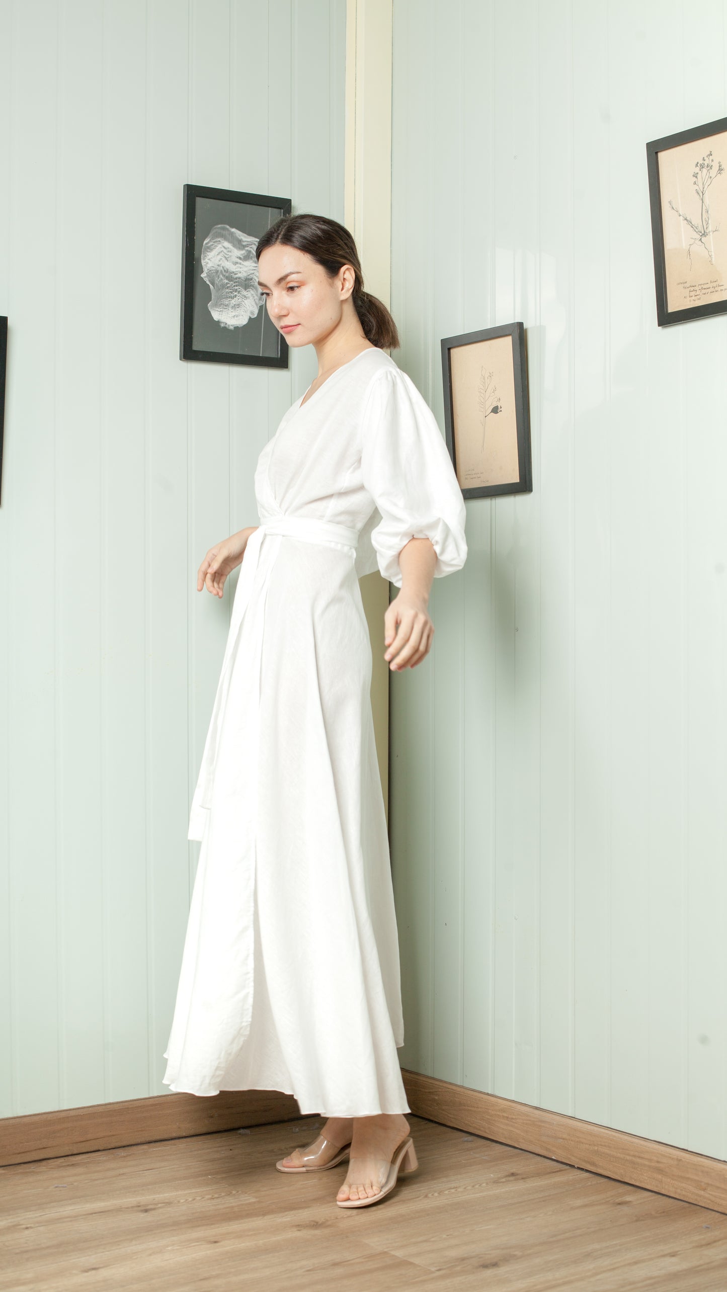 3/4 Mushroom Sleeve Wrap Long Dress — White
