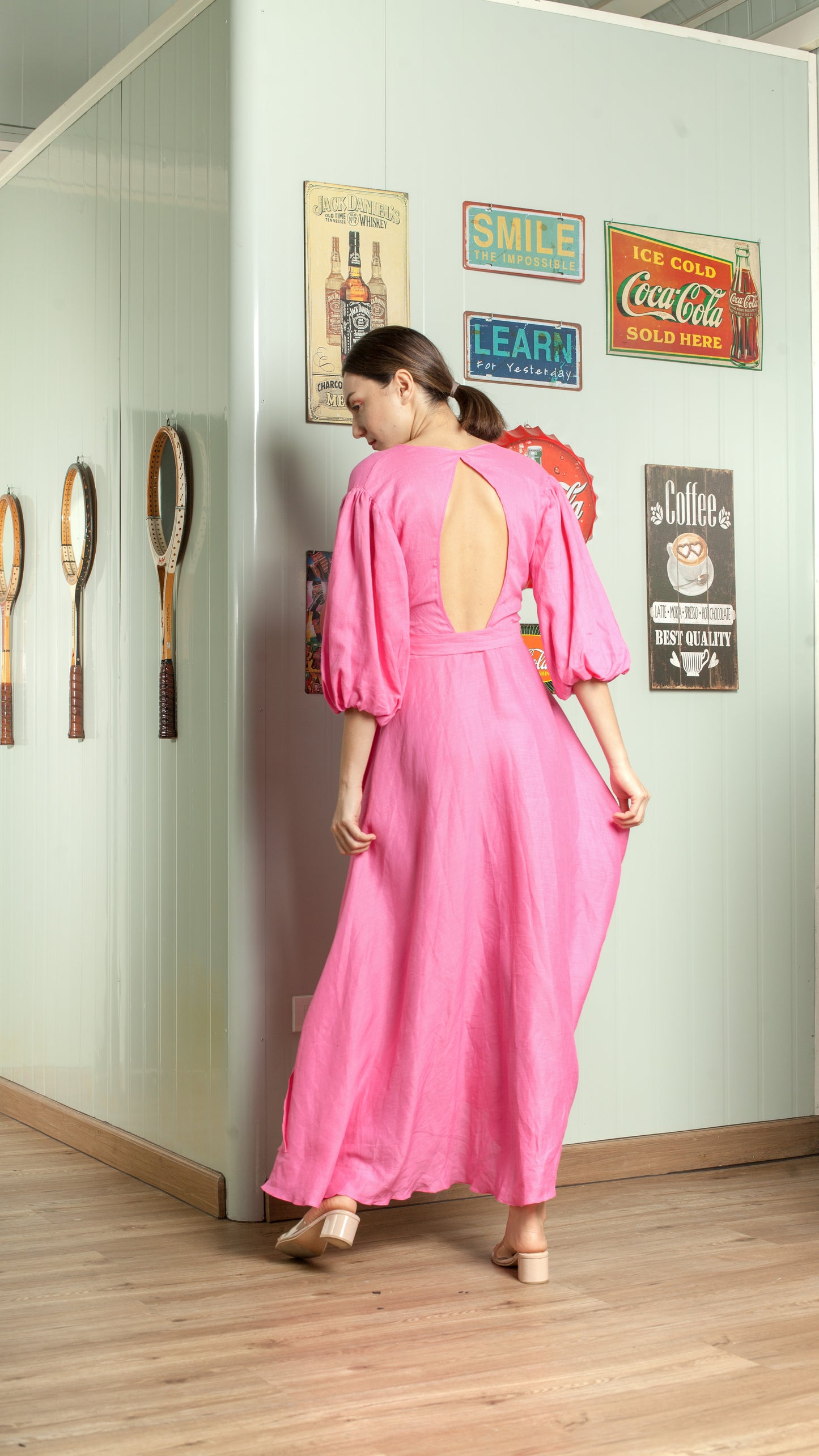 3/4 Mushroom Sleeve Open Back Wrap Long Dress — Taffy Pink