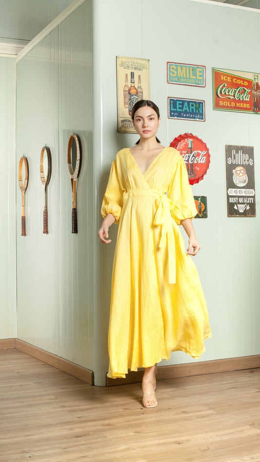 3/4 Mushroom Sleeve Open Back Wrap Long Dress — Yellow