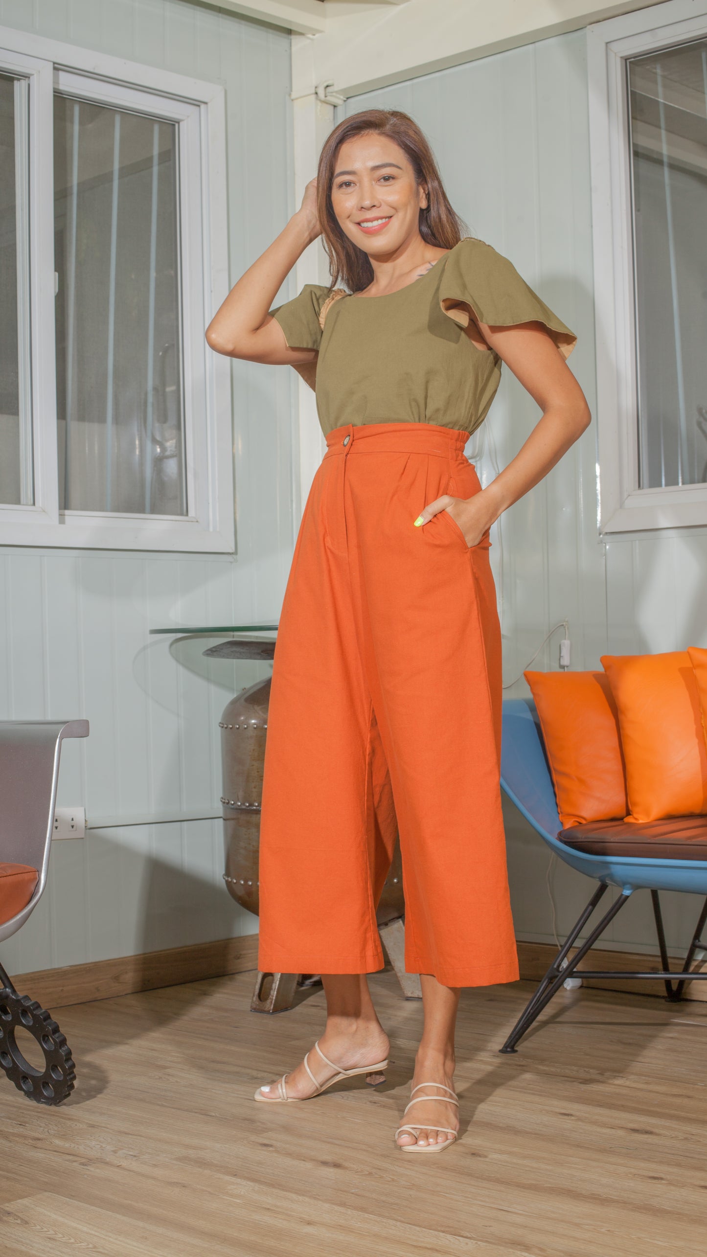 Single Button Front Zip Flat Front Waistband Back Elastic Wide Hem Pants — Copper