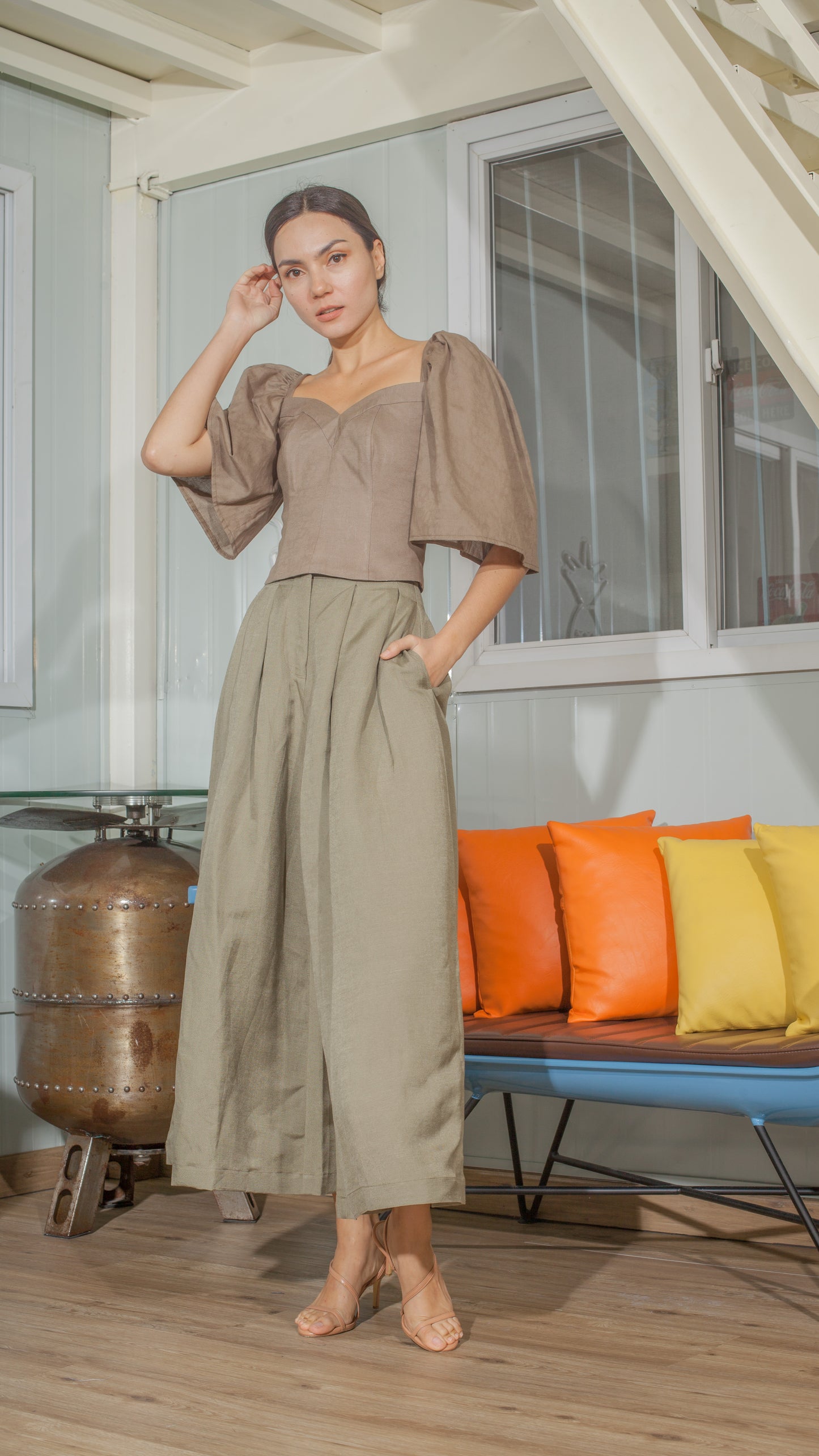 Double Front Pleat Wide Leg Pants in Fatigue Green Linen