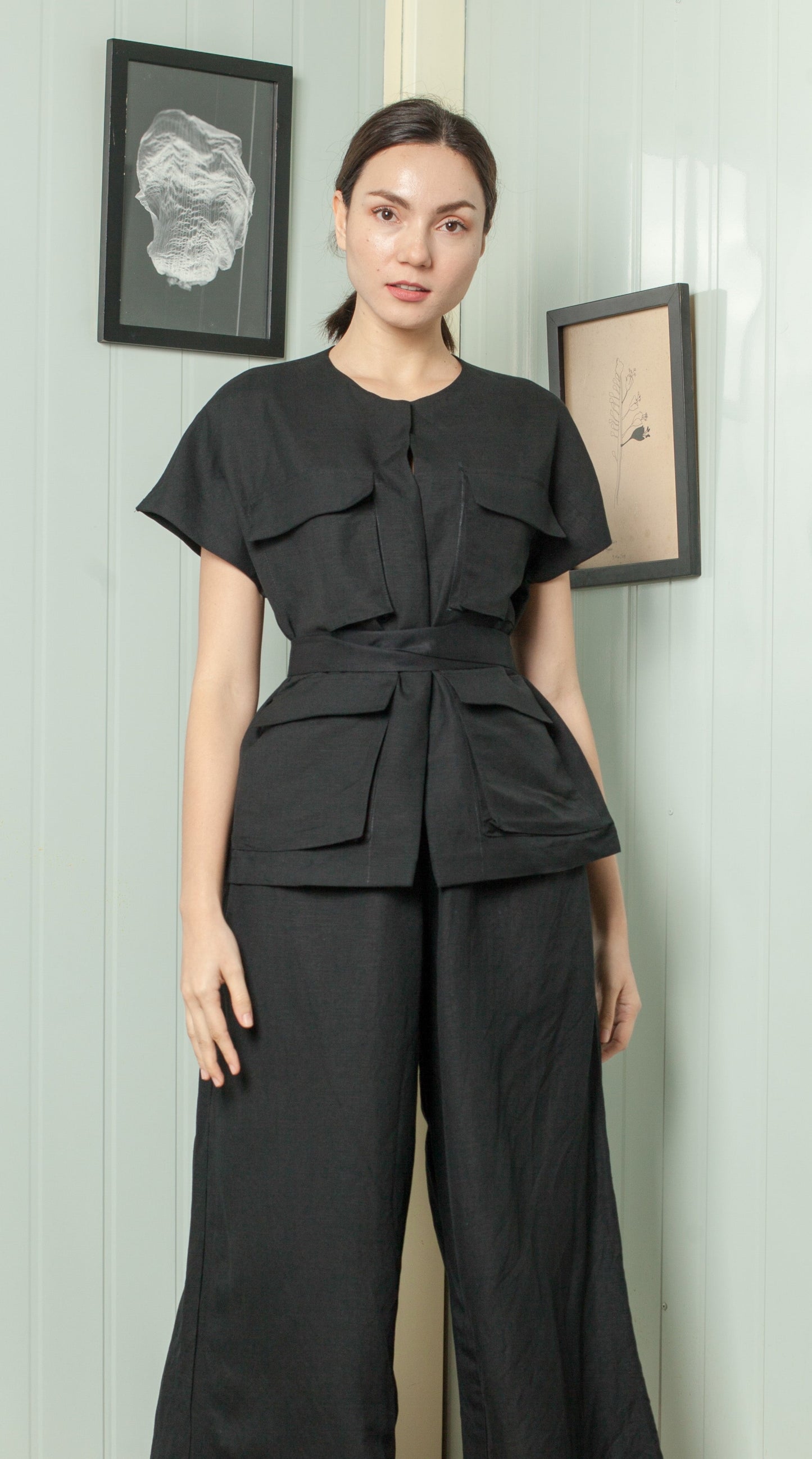 Four Pocket Drop Shoulder Oversized Belted Top