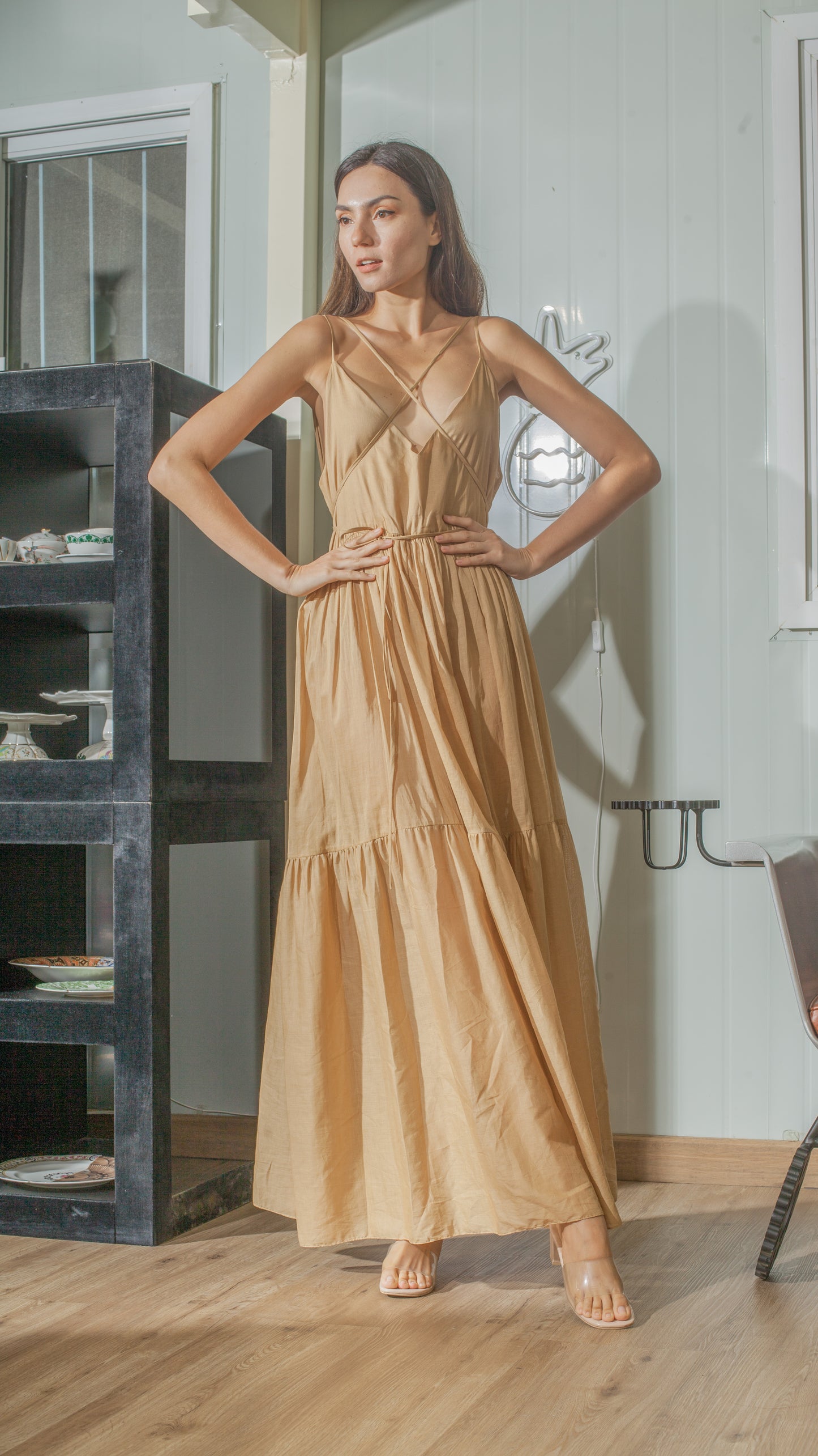 Double Strap V-Neckline Long Dress in Nude Lightweight Cotton Weave