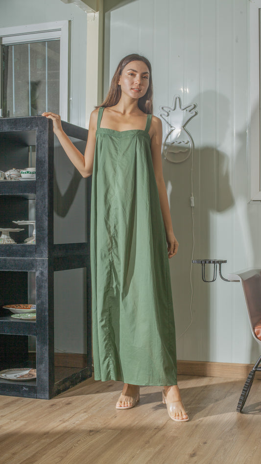 Tie Back Ribbon Dress in Green Lightweight Cotton Weave