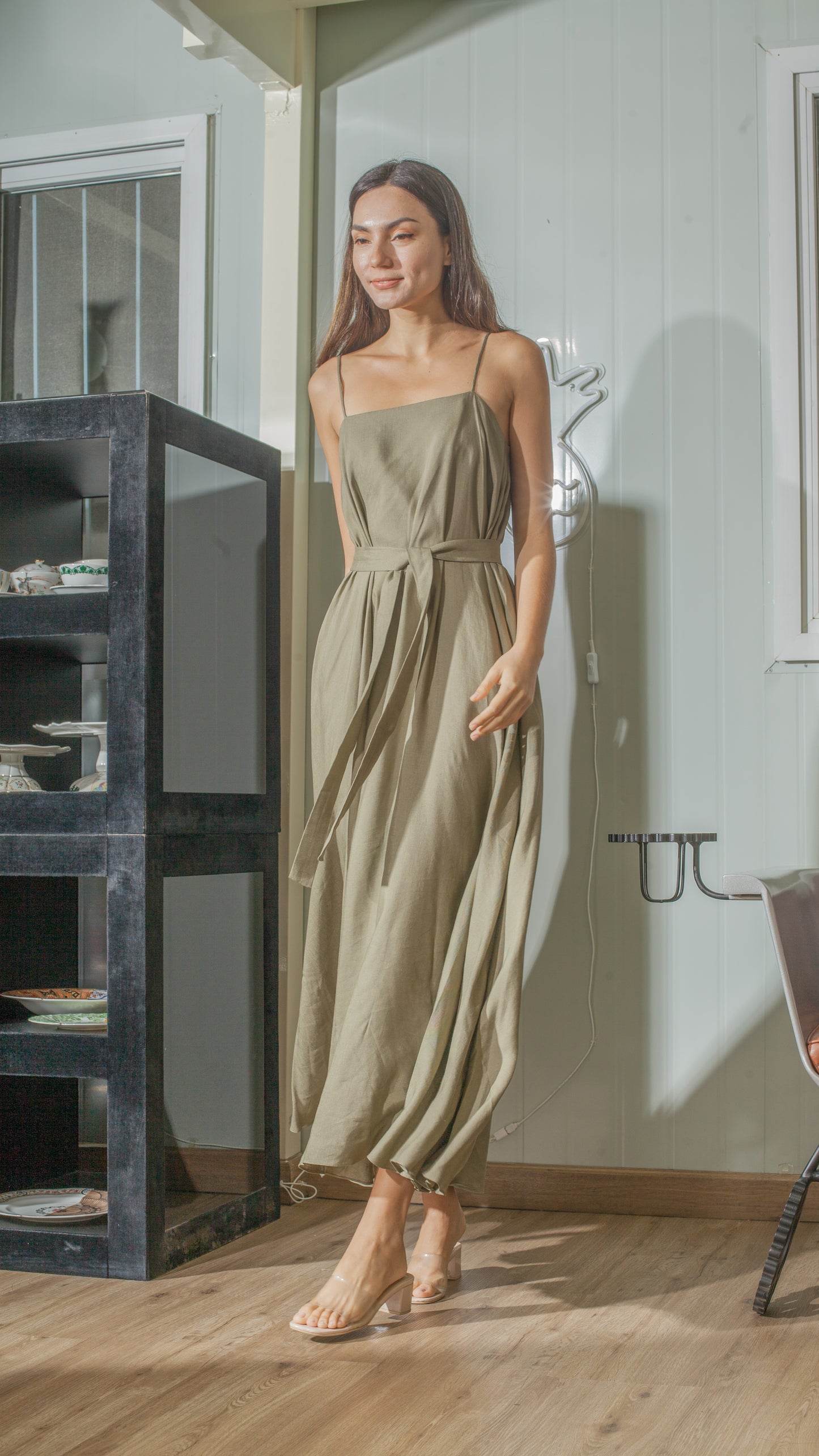 Spaghetti Strap Balloon Dress in Fatigue Green Linen