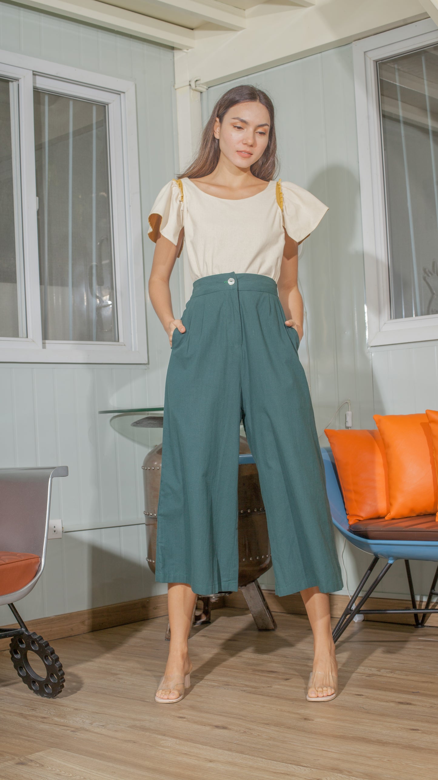 Single Button Front Zip Flat Front Waistband Back Elastic Wide Hem Pants — Dark Emerald