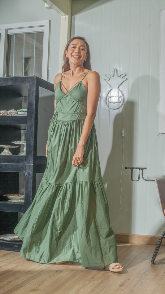 Double Strap V-Neckline Long Dress in Green Lightweight Cotton Weave