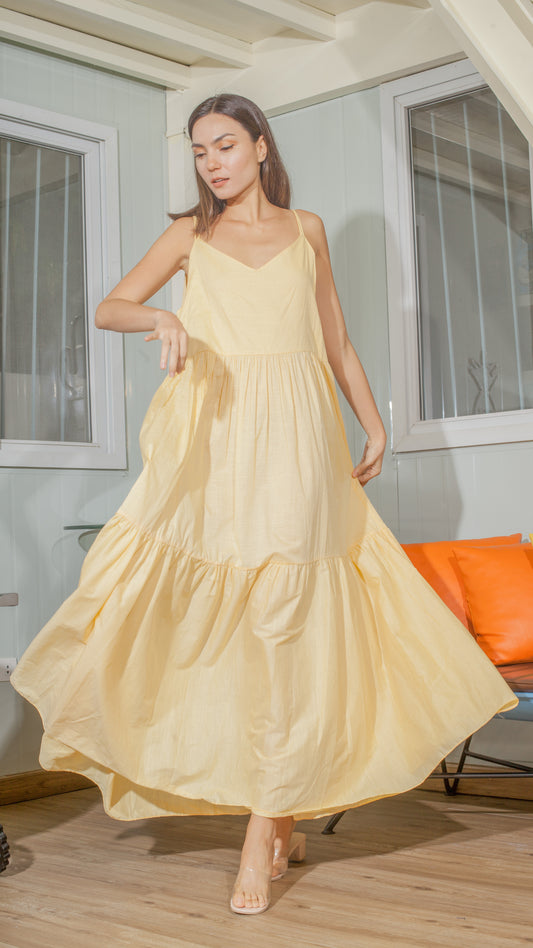 Double Strap V-Neckline Long Dress in Light Yellow Lightweight Cotton Weave