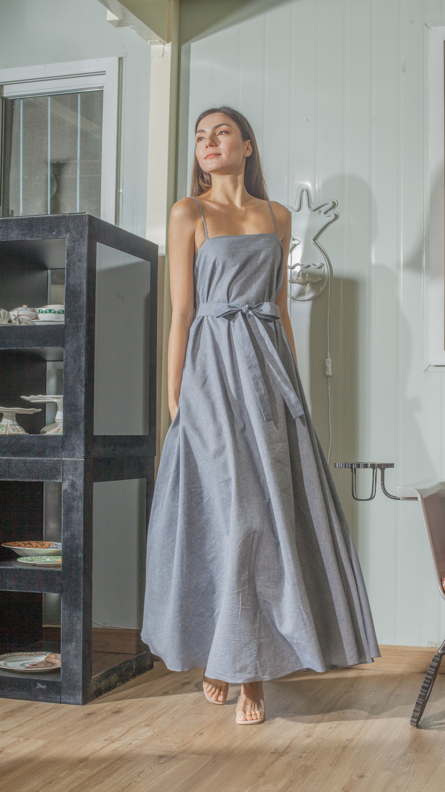 Spaghetti Strap Balloon Dress in Linen Chambray