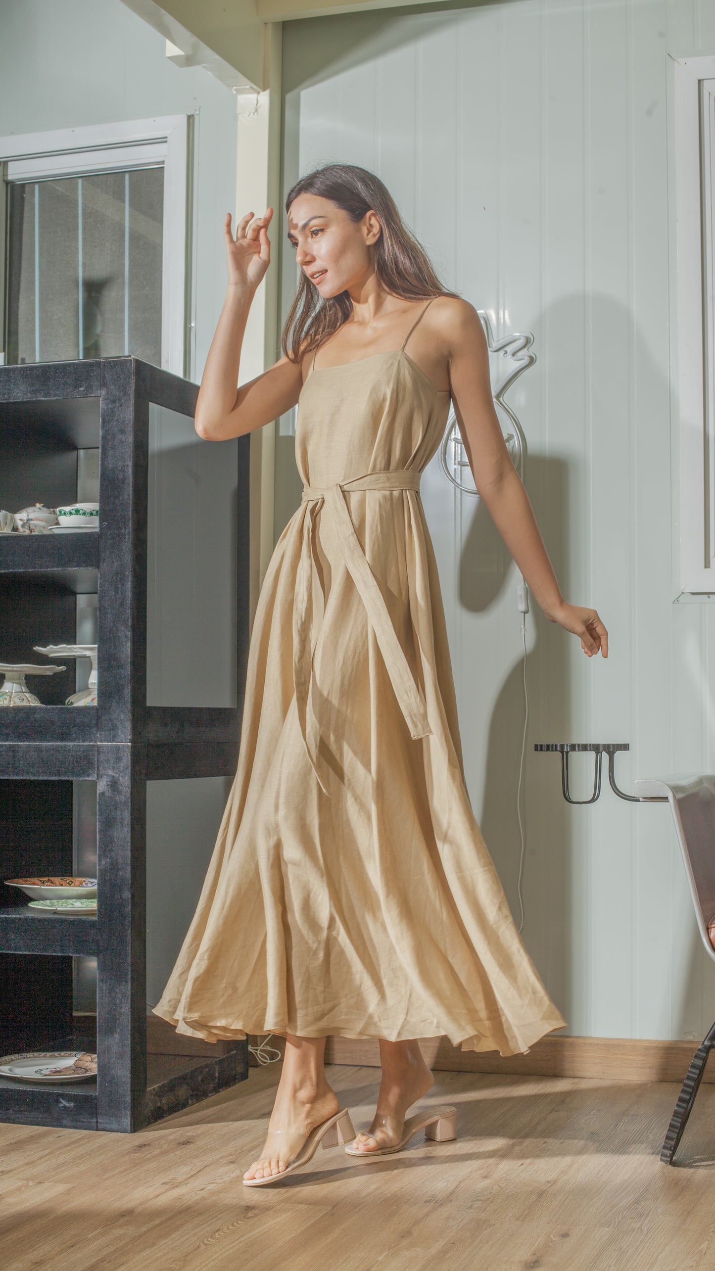 Spaghetti Strap Balloon Dress in Tan Linen