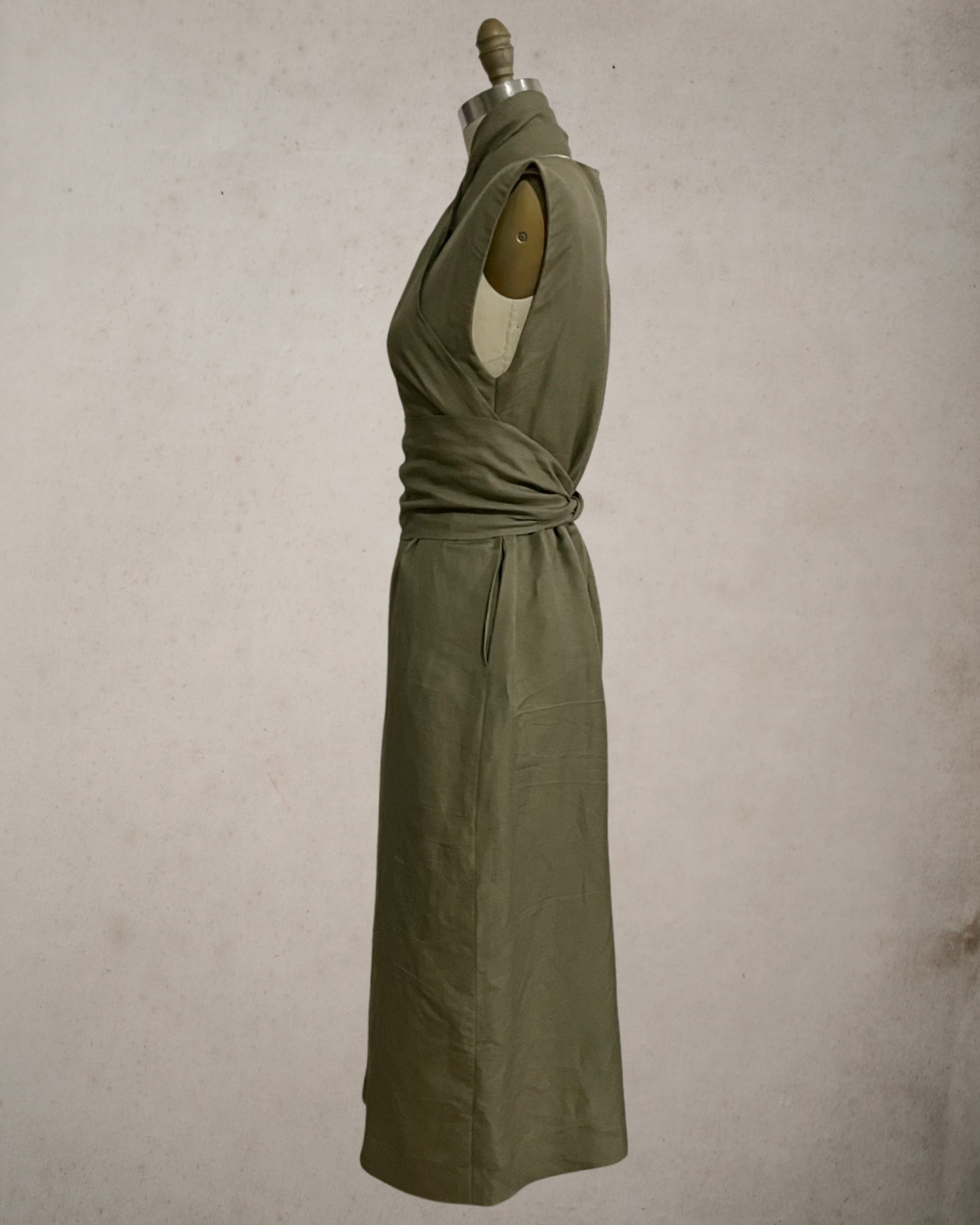 Wide Wrap Belt Dress — Fatigue Green Linen