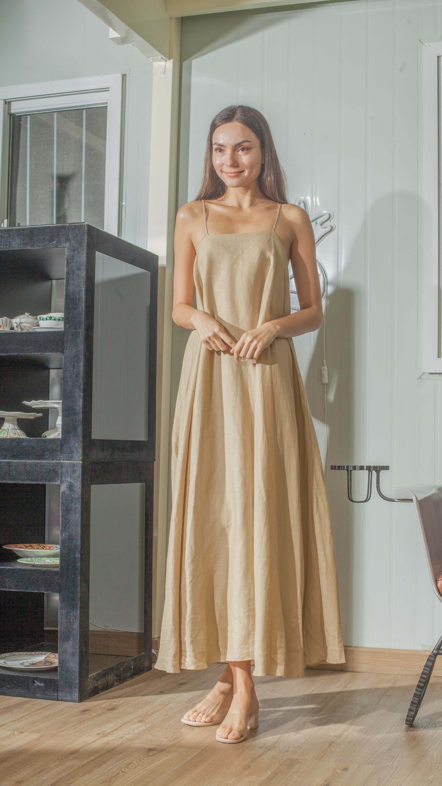 Spaghetti Strap Balloon Dress in Tan Linen