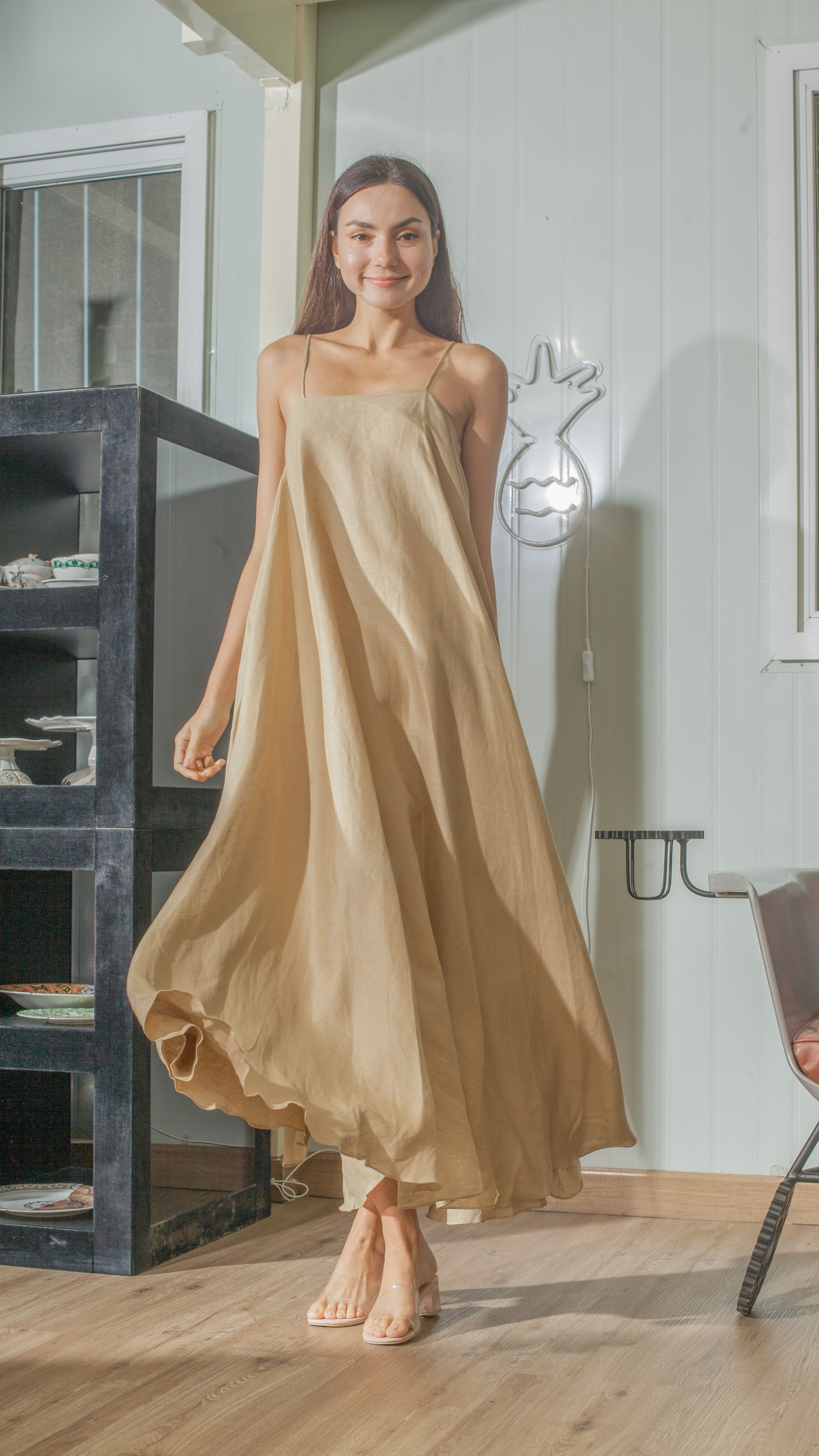 Spaghetti Strap Balloon Dress in Tan Linen