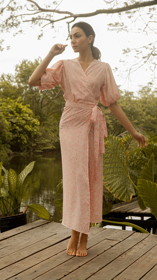 Short Mushroom Sleeve Wrap Long Dress — Floral