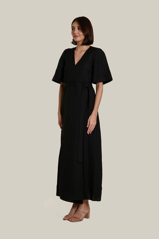 Wrap A-line Dress in Black Linen