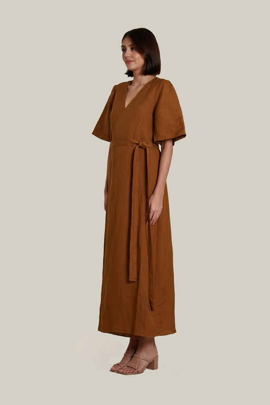 Wrap A-line Dress in Brown Linen