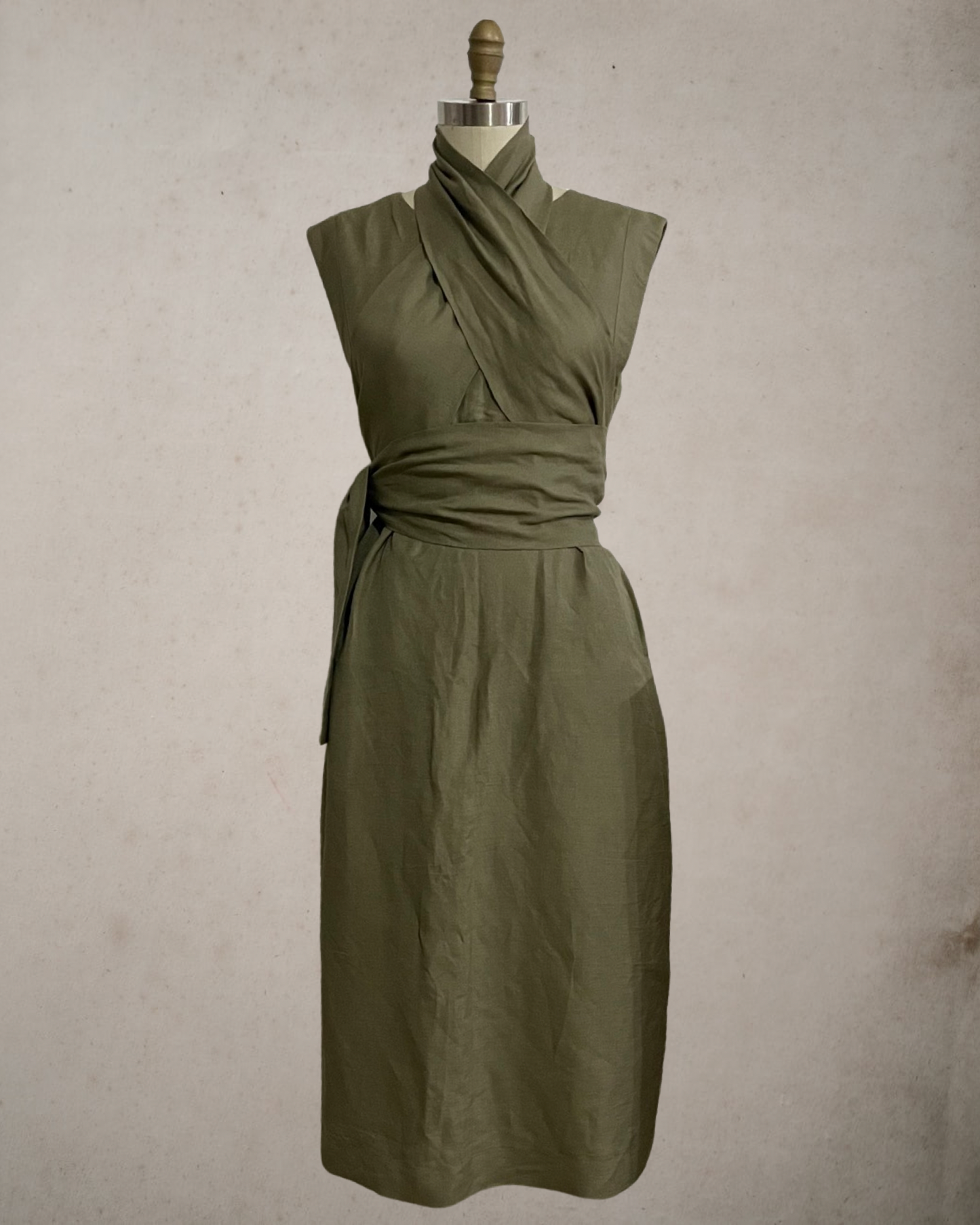 Wide Wrap Belt Dress — Fatigue Green Linen