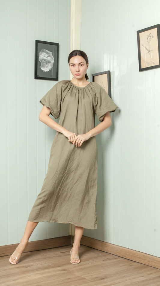 Shirred Neckline Detail Short Mushroom Sleeve Midi Dress — Fatigue Green