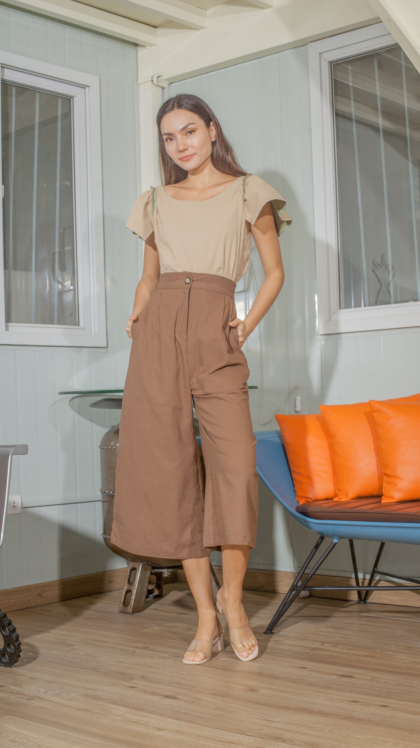 Single Button Front Zip Flat Front Waistband Back Elastic Wide Hem Pants — Dark Brown