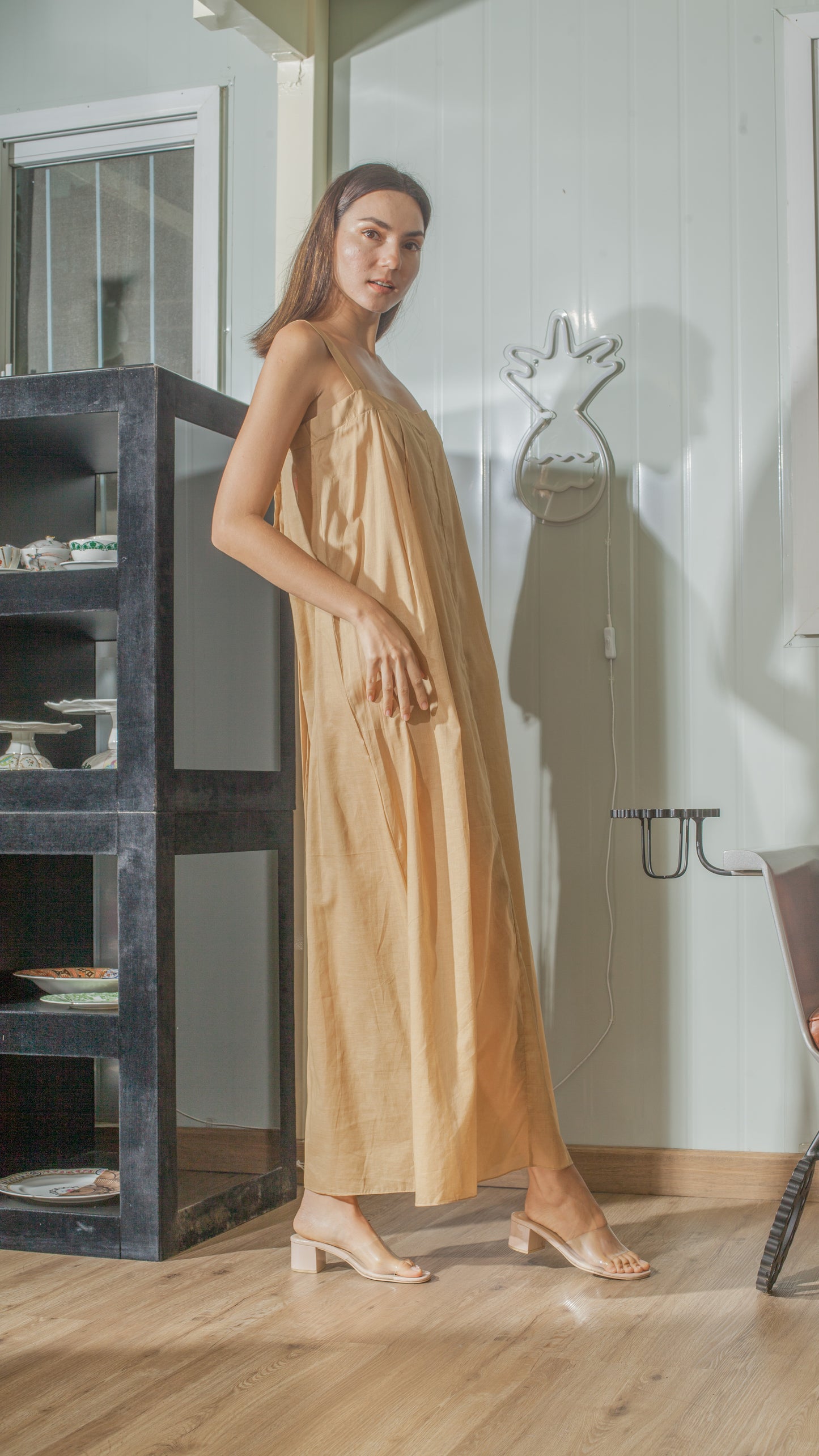 Tie Back Ribbon Dress in Nude Lightweight Cotton Weave