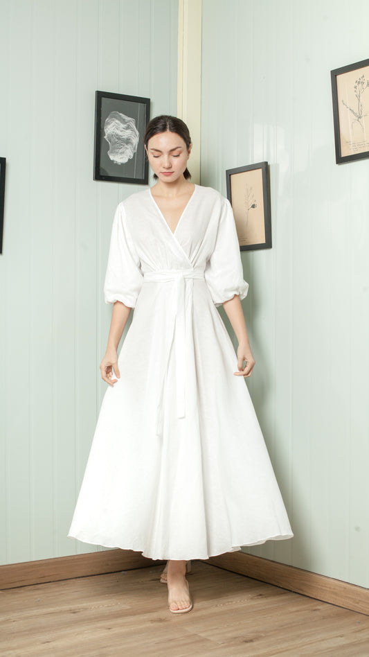 3/4 Mushroom Sleeve Open Back Wrap Long Dress — White
