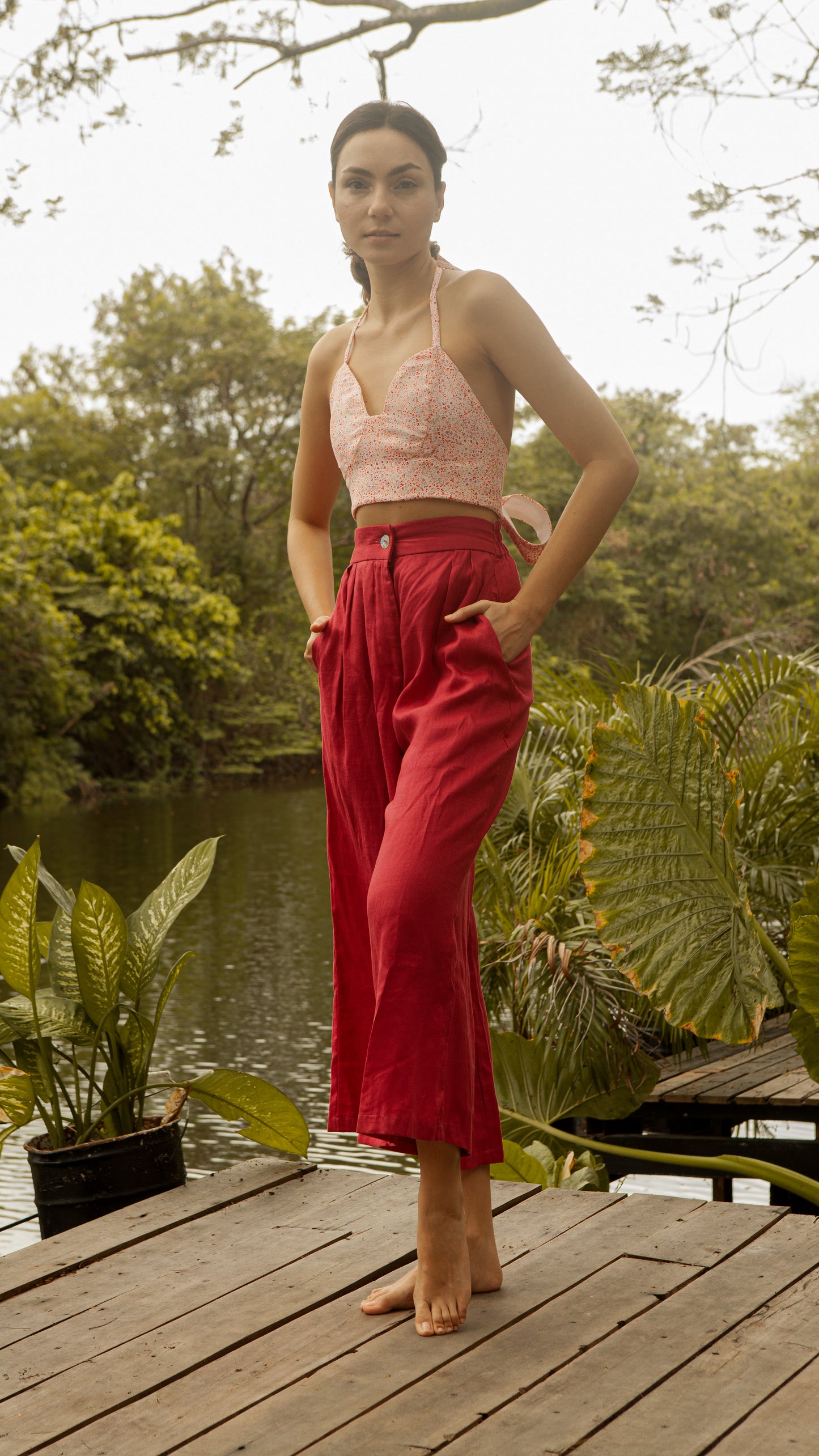 Single Button Front Zip Flat Front Waistband Back Elastic Wide Hem Pants — Maroon