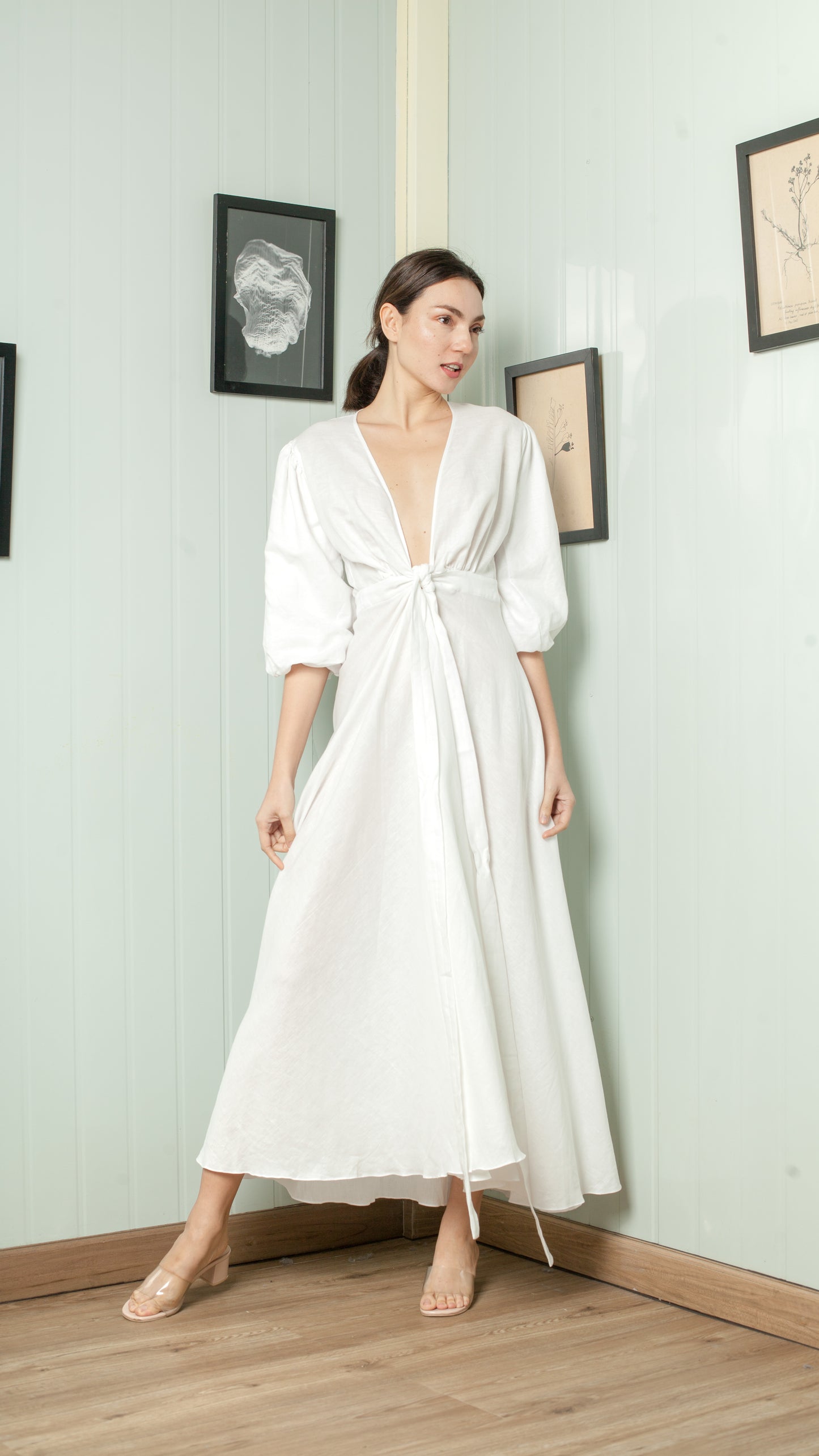 3/4 Mushroom Sleeve Open Back Wrap Long Dress — White