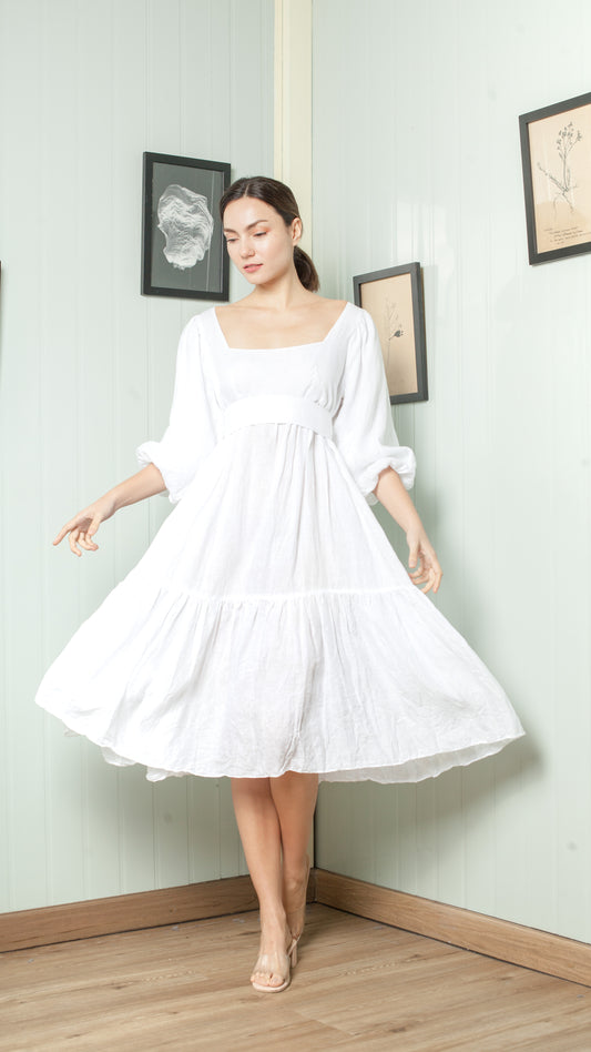 Oversized Tie Back 3/4 Mushroom Sleeve Shirred Hem Midi Dress — White