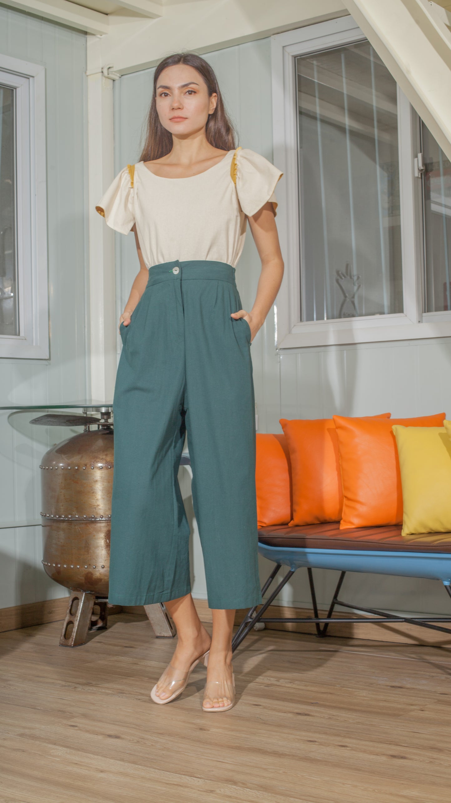 Single Button Front Zip Flat Front Waistband Back Elastic Wide Hem Pants — Dark Emerald