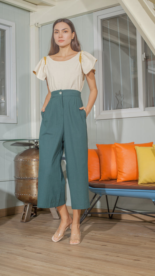 Single Button Front Zip Flat Front Waistband Back Elastic Wide Hem Pants — Dark Emerald