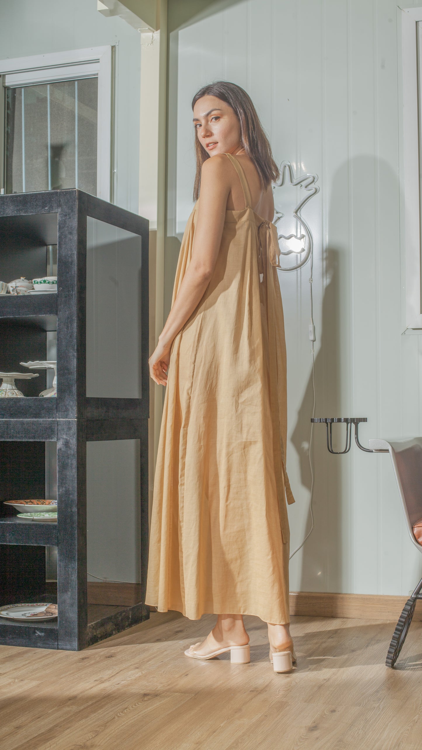 Tie Back Ribbon Dress in Nude Lightweight Cotton Weave