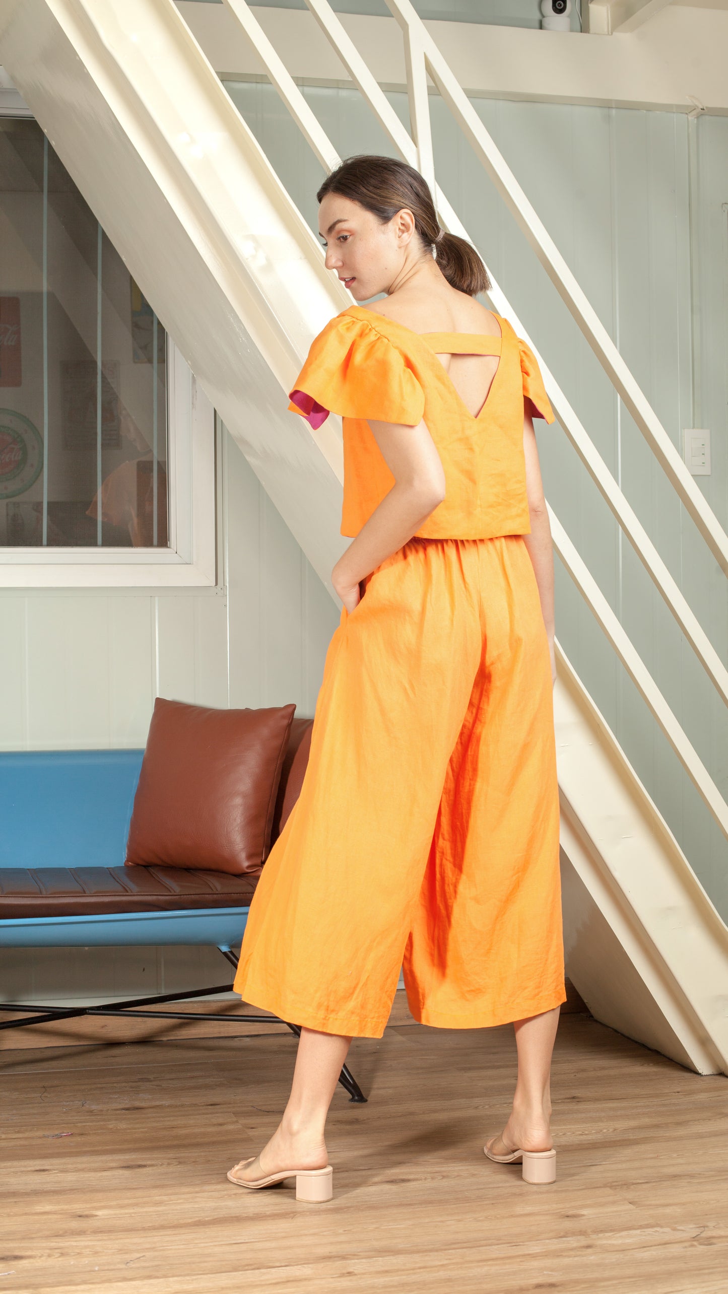 Orange Linen Full Elastic Wide Hem Pants - Petite and Regular