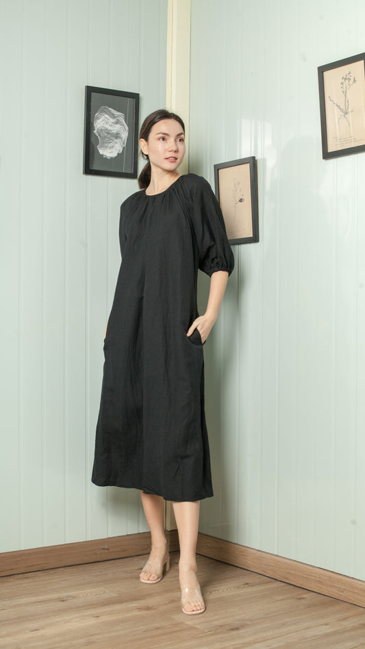 Shirred Neckline Detail Elastic Sleeve Midi Dress — Black