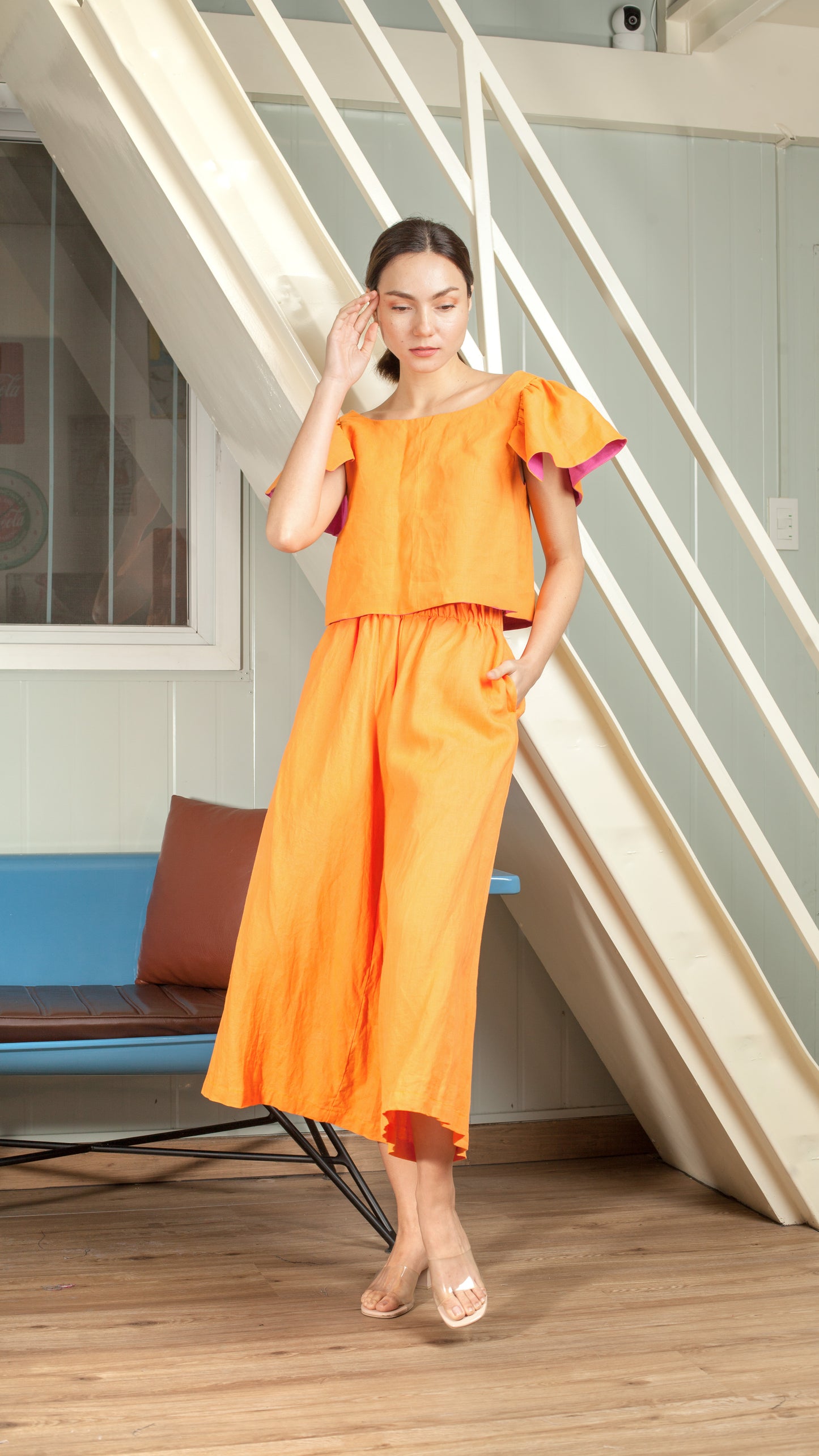 Orange Linen Full Elastic Wide Hem Pants - Petite and Regular