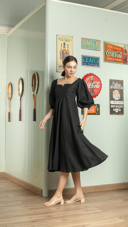 Sweetheart V Cutout Puff Sleeve Midi Dress