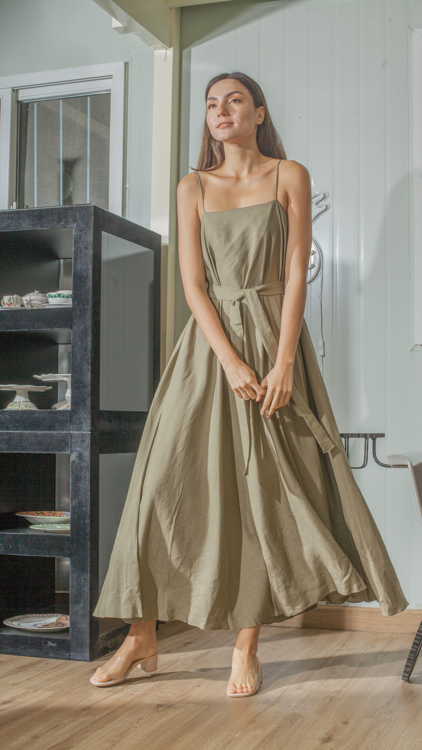 Spaghetti Strap Balloon Dress in Fatigue Green Linen